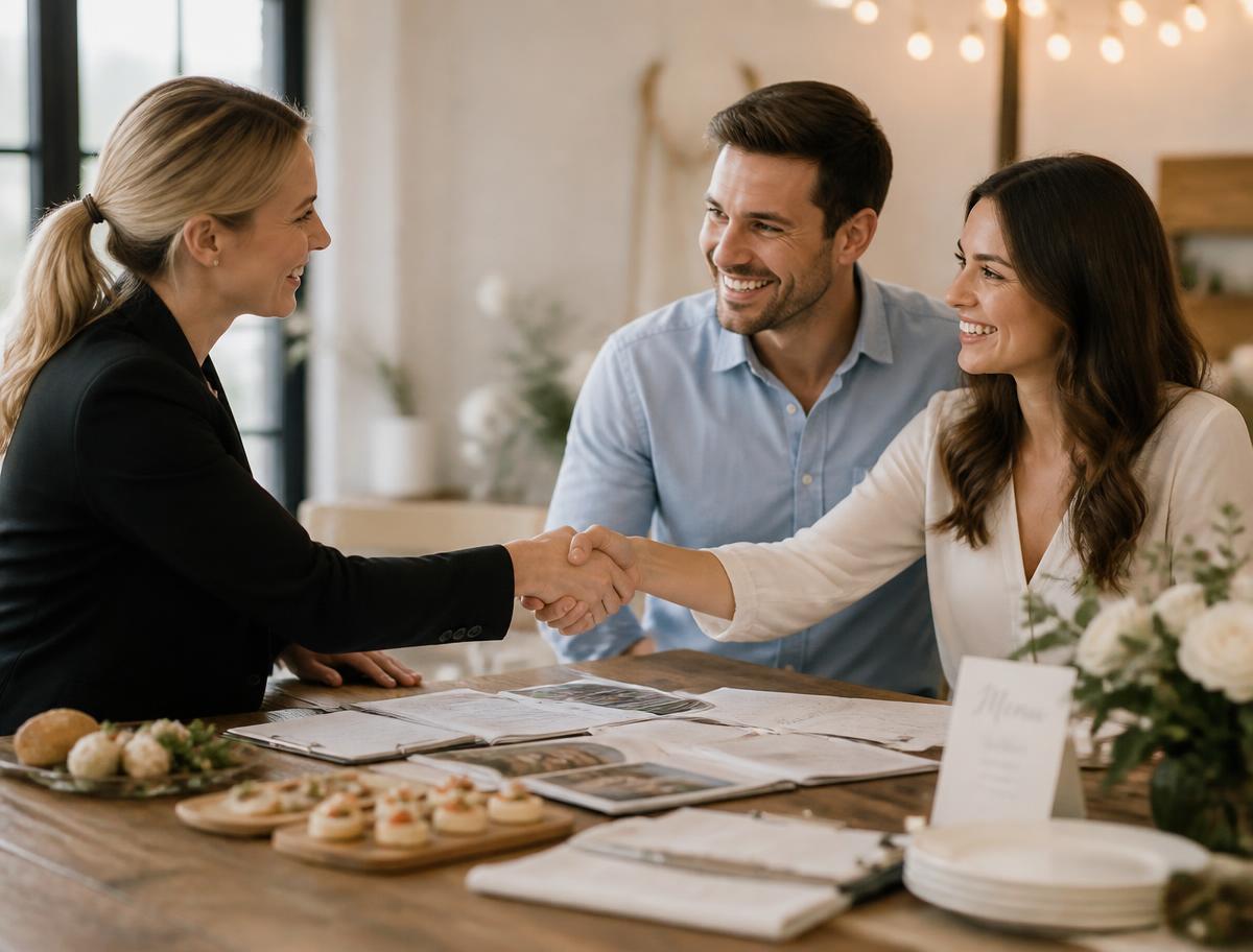A supplier meeting a couple to discuss their wedding plans